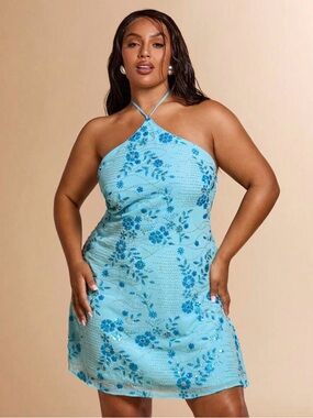 SHEIN Aqua Blue Floral Halter Mini Dress
